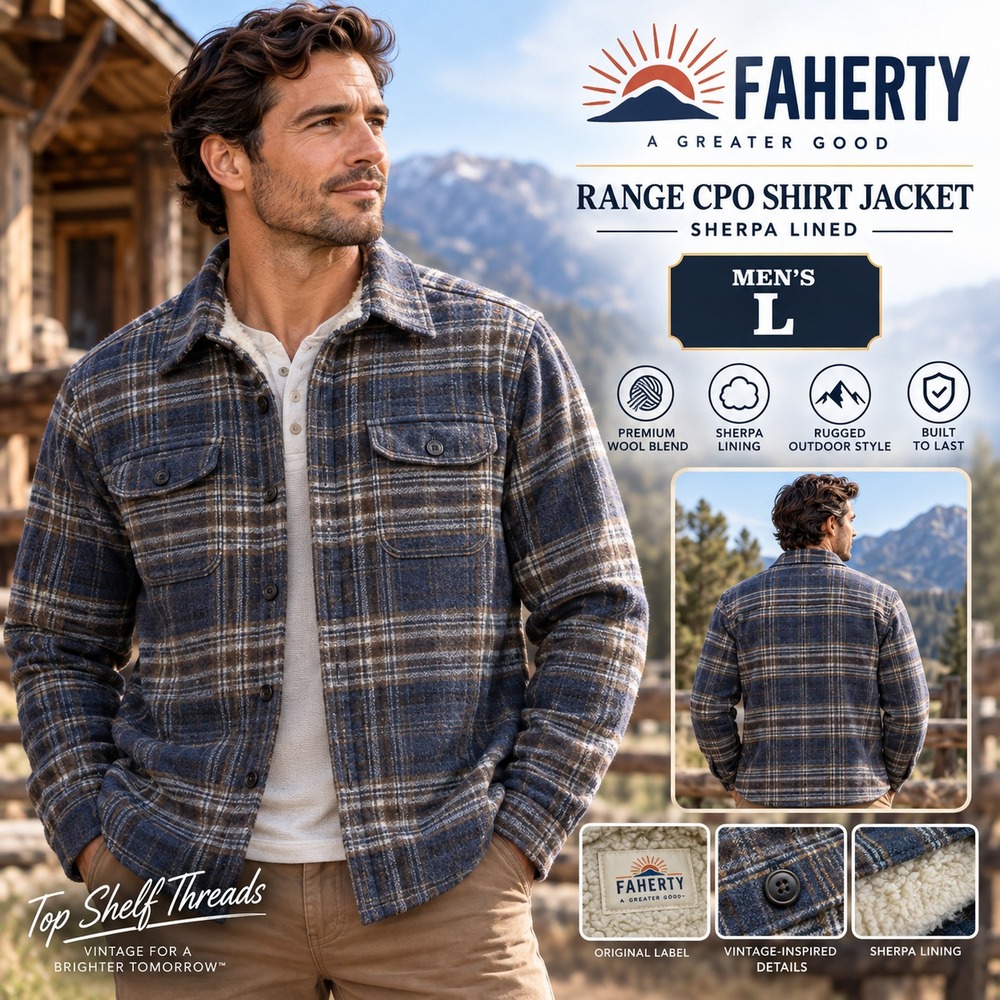 Faherty Men L Vintage Blue Plaid Sherpa High Pile Fleece Wool CPO Shirt Jacket
